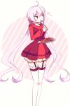  1girl ahoge bow circle dress eating eyebrows eyebrows_visible_through_hair food fork fork_in_mouth garters heart highres long_hair long_sleeves looking_to_the_side looking_up low-tied_long_hair makaroll mushroom pasta plate puffy_shorts red_dress scrunchie senki_zesshou_symphogear shorts solo spaghetti standing twintails very_long_hair violet_eyes white_background white_hair white_legwear white_shorts yukine_chris 