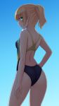  1girl alternate_hairstyle ass blonde_hair breasts competition_swimsuit gomi_(gomitin) green_eyes hand_on_hip looking_back mizuhashi_parsee one-piece_swimsuit pointy_ears ponytail short_hair small_breasts solo swimsuit touhou 