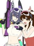  2girls aiming_at_viewer akagi_(kantai_collection) bangs brown_hair commentary_request crop_top dual_wielding eyepatch goggles goggles_on_head grin hair_over_one_eye hair_ribbon hand_on_another&#039;s_shoulder kantai_collection kirusu long_hair looking_at_viewer midriff multiple_girls navel one_eye_closed one_eye_covered open_mouth ponytail purple_hair ribbon shirt short_hair sidelocks sketch sleeveless sleeveless_shirt smile super_soaker tank_top tenryuu_(kantai_collection) upper_body water_gun white_background yellow_eyes 