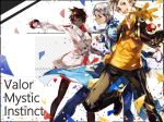  1boy 2girls blanche_(pokemon) blonde_hair blue_eyes brown_hair brown_legwear candela_(pokemon) dark_skin gloves happy holding looking_at_viewer multiple_girls orange_eyes pants pantyhose poke_ball pokemon pokemon_go ponytail short_hair spark_(pokemon) team_instinct team_mystic team_valor throwing tsugutoku 