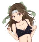  1girl :o alternate_costume bare_arms black_bra blush bra breasts brown_eyes brown_hair cleavage collarbone commentary_request forehead_protector green_ribbon hachimaki hair_intakes hair_ribbon half_updo headband jintsuu_(kantai_collection) kantai_collection long_hair looking_at_viewer menma_(tmgdn) ribbon simple_background solo underwear upper_body white_background 