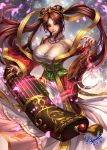  1girl 2016 artist_name bare_shoulders breasts brown_eyes brown_hair cleavage closed_mouth detached_sleeves earrings fingernails guqin_sona head_tilt jewelry league_of_legends long_fingernails long_hair long_sleeves looking_at_viewer nail_polish necklace number off_shoulder red_nails ryuki@maguro-ex sharp_fingernails signature solo sona_buvelle standing twintails very_long_hair wide_sleeves 