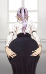  1girl ass back breasts houtengeki long_hair original pantylines pointy_ears ponytail purple_hair solo 