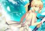  1girl ahoge bare_shoulders blonde_hair caliburn dress fate/grand_order fate/unlimited_codes fate_(series) from_behind gloves green_eyes highres paperfinger ponytail saber saber_lily solo sword weapon 