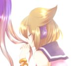 2girls bare_shoulders blush bracelet brown_hair closed_eyes commentary_request earmuffs from_side gradient_hair hair_kiss hijiri_byakuren jewelry long_hair mimippu multicolored_hair multiple_girls out_of_frame pointy_hair profile purple_hair shirt short_hair sleeveless sleeveless_shirt solo_focus touhou toyosatomimi_no_miko upper_body yuri