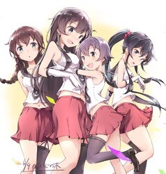  4girls agano_(kantai_collection) ahoge anchor_symbol aqua_eyes arms_behind_back bad_anatomy between_breasts black_legwear black_necktie bow braid breasts brown_eyes elbow_gloves from_side gloves hair_between_eyes hair_bow height_difference hug kantai_collection long_hair looking_at_another looking_at_viewer medium_breasts miniskirt mousoup multiple_girls neckerchief necktie necktie_between_breasts noshiro_(kantai_collection) open_mouth panties pleated_skirt ponytail sailor_collar sakawa_(kantai_collection) school_uniform scrunchie shirt short_hair signature single_thighhigh skirt sleeveless sleeveless_shirt standing standing_on_one_leg thigh-highs thighs twin_braids underwear white_gloves white_panties yahagi_(kantai_collection) 