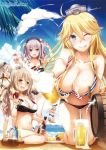  5girls alcohol all_fours alternate_costume amatsukaze_(kantai_collection) american_flag_bikini anchor_hair_ornament beach beer beer_keg beer_mug bikini blonde_hair blue_eyes bottle breasts clouds cloudy_sky cocktail collarbone drunk flag_print hair_between_eyes hair_ornament halterneck iowa_(kantai_collection) kantai_collection kashima_(kantai_collection) large_breasts leaning_forward light_brown_hair long_hair looking_at_viewer looking_to_the_side midriff multiple_girls nakajima_yuka navel ocean one_eye_closed open_mouth palm_tree pola_(kantai_collection) rensouhou-chan shimakaze_(kantai_collection) silver_hair sitting sky star star-shaped_pupils surfboard surfing swimsuit symbol-shaped_pupils tongue tongue_out tree twintails v wavy_hair wine wine_bottle 