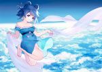  1girl adapted_costume ainy77 alternate_costume bare_shoulders barefoot belt blue_dress blue_eyes blue_hair clouds collarbone detached_sleeves dress full_body hair_ornament hair_rings hair_stick kaku_seiga looking_at_viewer puffy_sleeves shawl short_hair short_sleeves sky smile solo touhou 