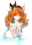  1girl aqua_eyes arm_support bare_shoulders blush breasts cape flower from_above granblue_fantasy hair_flower hair_ornament hair_over_one_eye hairband light_smile long_hair looking_at_viewer midriff min-naraken navel orange_hair partially_submerged sara_(granblue_fantasy) signature skirt skirt_set small_breasts solo water wavy_hair 