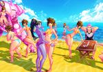  2016 6+girls abs absurdres adapted_costume angry arm_cannon arms_behind_head ass bangs bare_shoulders beach beads biceps bikini black_hair black_swimsuit blue_bikini blue_sky blush braid breasts breasts_apart brown_eyes brown_hair carlos_javier character_name clenched_hand closed_mouth clouds cloudy_sky collarbone dark_skin dated earrings eyebrows eyebrows_visible_through_hair facepaint facial_mark fingernails flip-flops forehead_jewel from_behind from_side gatling_gun groin gun hair_bun hair_ornament hair_stick hair_tie hair_tubes hand_up hands_on_lap highres huge_filesize jewelry large_breasts leg_up lips long_hair medium_breasts mei_(overwatch) meka_(overwatch) midriff multiple_girls muscle muscular_female navel ocean one-piece_swimsuit open_mouth overwatch partially_submerged pharah_(overwatch) pink_bikini pink_hair pink_lips pink_swimsuit plump ponytail purple_skin red_lips sand sandals shadow short_hair side_braids sidelocks signature sitting sky smile soles spiky_hair sports_bikini standing standing_on_one_leg strap_gap string_bikini swimsuit symmetra_(overwatch) teeth thighs tiptoes toenails tracer_(overwatch) track_uniform untied untied_bikini wading water watermark waves weapon web_address whisker_markings widowmaker_(overwatch) yellow_bikini yellow_eyes yellow_swimsuit zarya_(overwatch) 