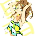  1girl arms_up blush brown_hair camisole closed_mouth collarbone dripping green_eyes halterneck lowres original solo sweat sweating upper_body zpolice 