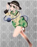  1girl blouse blush eyeball eyebrows ginku_mh green_eyes hat highres komeiji_koishi loafers looking_at_viewer running shoes silver_hair skirt skirt_tug smile socks solo standing standing_on_one_leg thick_eyebrows third_eye touhou 