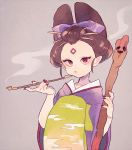  1girl fujimi_gozen grey_background japanese_clothes kimono kiseru kouhara_yuyu nail_polish pipe pointy_ears red_nails smoke smoking solo staff youkai youkai_watch 