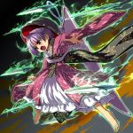  1girl aura barefoot bowl bowl_hat clenched_hand dagger hat highres long_sleeves needle open_mouth red_eyes sash sheath shope short_hair solo spell_card sukuna_shinmyoumaru touhou weapon 