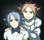  2boys blue_eyes blue_hair brothers catgirl0926 flipped_hair fubuki_atsuya fubuki_shirou inazuma_eleven_(series) inazuma_eleven_ares male_focus multiple_boys orange_eyes pink_hair scarf short_hair siblings smile soccer_uniform sportswear 