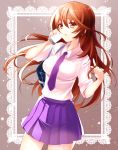  1girl bag breasts brown_eyes brown_hair cellphone female highres kokone_(vocaloid) long_hair mofuruo open_mouth phone school_uniform skirt smartphone solo vocaloid 