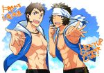  2boys :d ;d brown_hair clouds enjouji_michiru green_hair headband headset idolmaster idolmaster_side-m jewelry koutake_hiroyoshi male_focus multiple_boys muscle necklace nipples one_eye_closed open_mouth outstretched_arm shingen_seiji shirtless sky sleeveless sleeveless_hoodie smile violet_eyes wavy_hair 