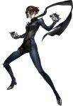  1girl atlus black_hair bodysuit full_body looking_at_viewer mask niishima_makoto official_art persona persona_5 red_eyes scarf shoulder_spikes soejima_shigenori solo spiked_knuckles spikes 
