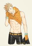  1boy abs adonis_belt belt blonde_hair blue_eyes cowboy_shot gloves grey_background hood hoodie kittlekrattle leaning_forward male_focus muscle navel nipples orange_gloves parted_lips pokemon pokemon_go shirt_lift simple_background sleeveless sleeveless_hoodie solo spark_(pokemon) spiky_hair sweat 