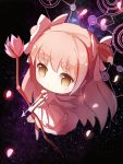  1girl arrow bow_(weapon) chibi dress goddess_madoka highres huge_head magical_girl mahou_shoujo_madoka_magica pink_hair red_flowers smile solo space spoilers two_side_up weapon white_dress white_wings wings yellow_eyes 