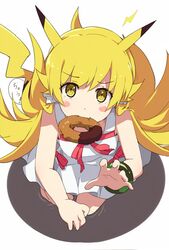  1girl bakemonogatari blonde_hair blush_stickers choco_fashion doughnut dress fang food long_hair monogatari_(series) mouth_hold ogipote old-fashioned_doughnut oshino_shinobu pikachu_ears pokemon ripples shadow solo translation_request white_dress yellow_eyes 