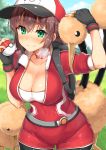  1girl baseball_cap belt black_gloves black_legwear blush body_mahattaya_ginga breasts choker cleavage collarbone doduo female_protagonist_(pokemon_go) fingerless_gloves gloves grass green_eyes hat heavy_breathing holding holding_poke_ball hot large_breasts leggings long_hair looking_at_viewer petting poke_ball pokemon pokemon_go ponytail sky smile solo sweat sweating wet 