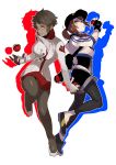  2girls baseball_cap brown_hair candela_(pokemon) dark_skin female_protagonist_(pokemon_go) gloves green_eyes hat holding holding_poke_ball leggings legwear_under_shorts long_hair looking_at_viewer multiple_girls orange_eyes pantyhose poke_ball pokeball_symbol pokemon pokemon_go ponytail short_hair shorts takumi_(scya) 