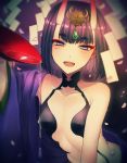  :d alcohol breasts fate/grand_order fate_(series) hair_ornament horns japanese_clothes kimono looking_at_viewer millefoglie open_clothes open_kimono open_mouth petals purple_hair sakazuki sake shuten_douji_(fate/grand_order) smile teeth violet_eyes 
