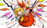  1girl ascot blonde_hair clenched_teeth crazy_eyes energy fingernails flandre_scarlet hat hat_ribbon kan_(aaaaari35) long_fingernails looking_at_viewer mob_cap nail_polish red_eyes red_nails red_shoes red_skirt red_vest ribbon sharp_fingernails shirt shoes short_hair short_sleeves side_ponytail simple_background skirt skirt_set solo teeth touhou white_background white_shirt wings 