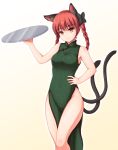  1girl animal_ears arm_up armpits bangs bare_legs bare_shoulders black_bow blunt_bangs bow braid breasts cat_ears cat_tail china_dress chinese_clothes closed_mouth dress eyebrows eyebrows_visible_through_hair gomi_(gomitin) green_dress hair_bow hand_on_hip hips holding_tray kaenbyou_rin legs long_hair looking_at_viewer medium_breasts multiple_tails nekomata no_panties pelvic_curtain redhead side_slit simple_background sleeveless sleeveless_dress smile solo tail touhou twin_braids two_tails yellow_background 