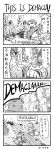  1boy 3girls 4koma absurdres ashe_(league_of_legends) chinese comic dying_message garen_crownguard highres league_of_legends leng_wa_guo luxanna_crownguard monochrome morgana multiple_girls teemo translated trundle weapon 