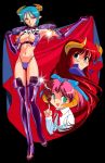  3girls :3 aqua_hair black_background boots breasts cape carrera demon_girl elbow_gloves gloves hair_ribbon horns index_finger_raised long_hair looking_at_viewer mercedes_(viper) multiple_girls navel no_pupils official_art open_mouth pointy_ears rati red_eyes redhead ribbon short_hair simple_background skull smile succubus thigh-highs thigh_boots viper viper_gts 