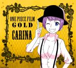  1girl artist_name blue_eyes breasts carina_(one_piece) character_name cleavage copyright_name flower hat kurara_hashimoto leaf one_eye_closed one_piece one_piece_film_gold purple_hair rose solo sparkle teeth thorns yellow_background 