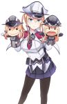  1girl :v bismarck_(kantai_collection) black_legwear blonde_hair blue_eyes blush character_doll contrapposto cover cover_page doujin_cover graf_zeppelin_(kantai_collection) hand_puppet hands_up happy hat highres ido_(teketeke) kantai_collection long_hair looking_at_viewer pantyhose peaked_cap pouch prinz_eugen_(kantai_collection) puppet simple_background skirt smile solo twintails uniform white_background 