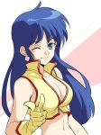  1girl agahari blue_eyes blue_hair breasts cleavage dirty_pair earrings gloves jewelry long_hair looking_at_viewer midriff navel one_eye_closed pointing pointing_at_viewer smile solo yuri_(dirty_pair) 