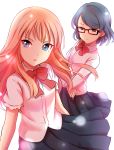  2girls absurdres blue_eyes bow character_request empty_eyes glasses highres inazuma_eleven_(series) inazuma_eleven_ares long_hair mikado_anna multiple_girls parted_lips pink_hair school_uniform sekina short_hair skirt 