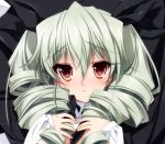 1girl anchovy cape commentary_request drill_hair girls_und_panzer green_hair hair_ribbon long_hair red_eyes ribbon senomoto_hisashi shirt solo twin_drills twintails white_shirt 
