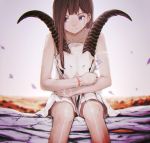  1girl :&gt; blurry brown_hair closed_mouth collarbone cuts depth_of_field dress flower highres holding holding_flower injury log long_hair looking_away minamito original outdoors sitting skull solo spaghetti_strap violet_eyes white_dress 