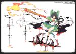  1girl alternate_hairstyle arm_cannon black_hair bow cape hair_bow ideolo long_hair looking_at_viewer mismatched_footwear off_shoulder petticoat ponytail red_eyes reiuji_utsuho simple_background single_boot sleeveless solo touhou weapon white_background 