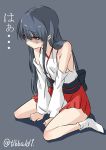  1girl bangs bare_shoulders between_legs black_hair blush detached_sleeves ebifurya eyebrows eyebrows_visible_through_hair full_body fusou_(kantai_collection) grey_background hair_between_eyes hand_between_legs highres japanese_clothes kantai_collection long_hair long_sleeves miko no_shoes obi red_eyes red_skirt sash shaded_face shadow sidelocks simple_background sitting skirt socks solo translated twitter_username wariza white_legwear 