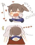  /\/\/\ 2girls blush brown_hair chibi closed_eyes commentary hair_ribbon heart hug ina_(1813576) japanese_clothes kaga_(kantai_collection) kantai_collection long_hair multiple_girls panties print_panties ribbon side_ponytail smile tasuki translated underwear 