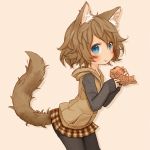  1girl animal_ears blue_eyes blush cat_day cat_ears cat_tail dennou_usagi eating food looking_at_viewer messy_hair original pantyhose pleated_skirt short_hair simple_background skirt solo sweater tail taiyaki wagashi 