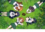  5girls :d absurdres ahoge akiyama_yukari bangs black_eyes black_hair black_legwear blouse blunt_bangs brown_eyes brown_hair circle_formation closed_eyes flower from_above girls_und_panzer grass green_skirt hairband highres isao isuzu_hana kneehighs kneeling legs loafers long_hair long_sleeves looking_at_viewer lying messy_hair miniskirt multiple_girls neckerchief nishizumi_miho official_art on_back on_stomach open_mouth orange_eyes orange_hair outstretched_arms outstretched_hand pleated_skirt reizei_mako scan school_uniform serafuku shoes short_hair skirt smile socks takebe_saori thigh-highs white_blouse zettai_ryouiki 