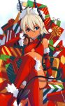  1girl bare_shoulders blue_eyes box bridal_gauntlets christmas crop_top dark_skin demon_girl demon_tail gift gift_box grey_hair hell_machina_(1009056) highres horns looking_to_the_side midriff miniskirt multicolored_hair original pointy_ears red_legwear sitting skirt smile solo tail thigh-highs two-tone_hair 