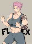  1girl abs arm_tattoo artist_name bare_shoulders biceps bike_shorts breasts clenched_hands closed_mouth cowboy_shot crop_top elee0228 flexing hands_up lips looking_at_viewer muscle muscular_female overwatch pink_hair pink_lips pose scar short_hair shorts smile solo sparkle tattoo zarya_(overwatch) 