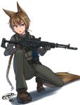  1girl a-545 aek-971 animal_ears assault_rifle blue_eyes brown_hair dreadtie gun highres long_hair original solo tail weapon 