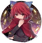  1girl artist_name asa_(coco) bow cape covered_mouth hair_bow looking_at_viewer red_eyes redhead sekibanki solo touhou upper_body 