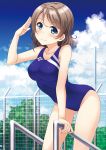  1girl blue_eyes breasts brown_hair competition_swimsuit fence hino_minato_(spec.c) leaning_forward love_live! love_live!_sunshine!! medium_breasts one-piece_swimsuit pool_ladder salute short_hair solo swimsuit watanabe_you 