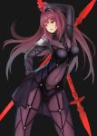  1girl bodysuit breasts covered_navel dual_wielding fate/grand_order fate_(series) gae_bolg highres long_hair miya_star_saa pauldrons polearm purple_hair red_eyes scathach_(fate/grand_order) solo spear weapon 