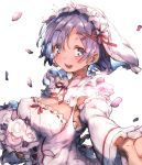  1girl blue_eyes blue_hair blush breasts dress flower looking_at_viewer open_mouth outstretched_arm outstretched_hand petals re:zero_kara_hajimeru_isekai_seikatsu redcomet rem_(re:zero) short_hair smile solo tears veil x_hair_ornament 